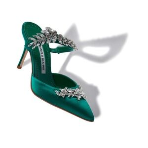 Manolo Blahnik Green Satin Embellished Heels/Mules